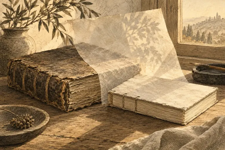 Illustration of two books and a translucent sheet in warm light