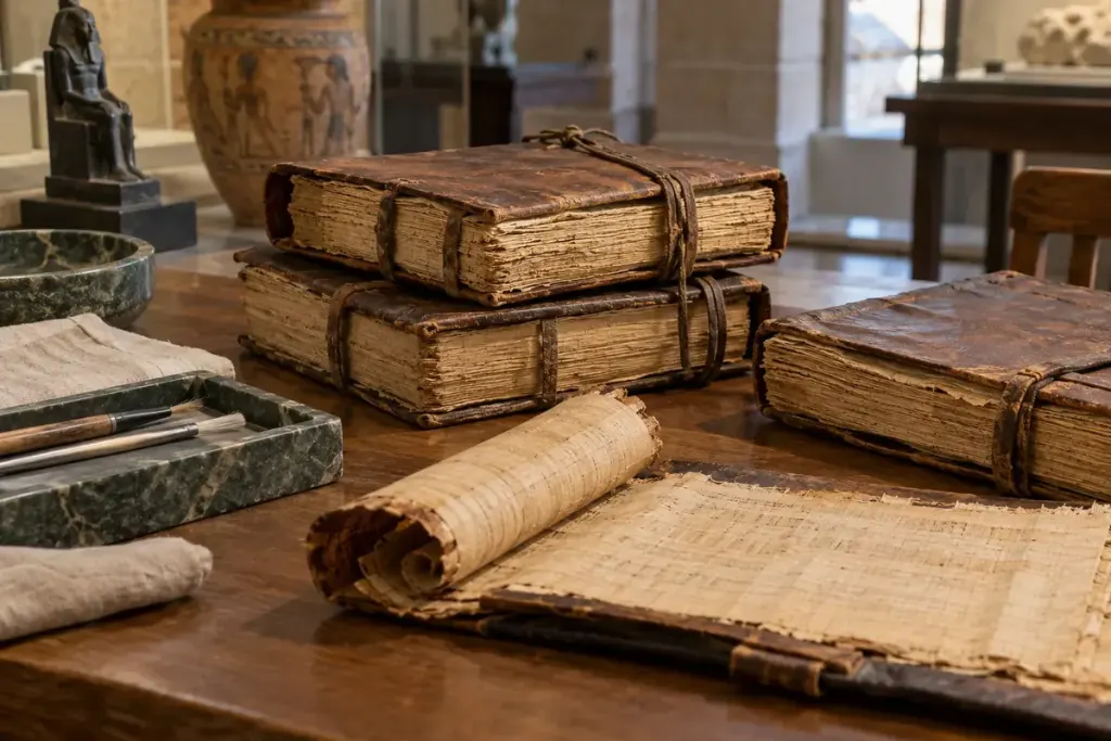 Illustrative replicas of papyrus codices with plain leather covers on a study table.
