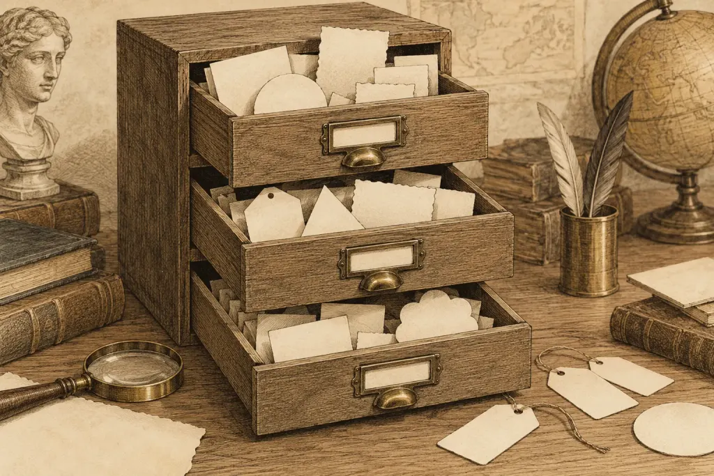 Illustrated archive drawers holding varied paper fragments and blank labels
