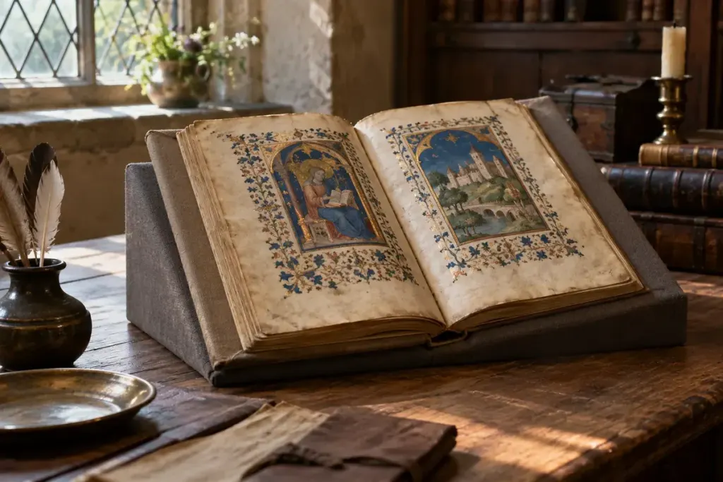 An old manuscript supported in a later plain protective binding.