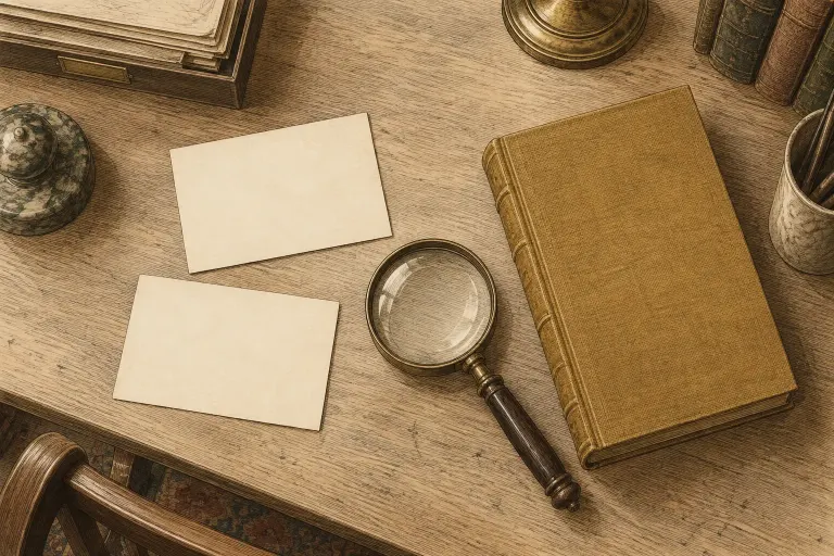 Illustrated archive desk with blank cards, book and magnifying glass